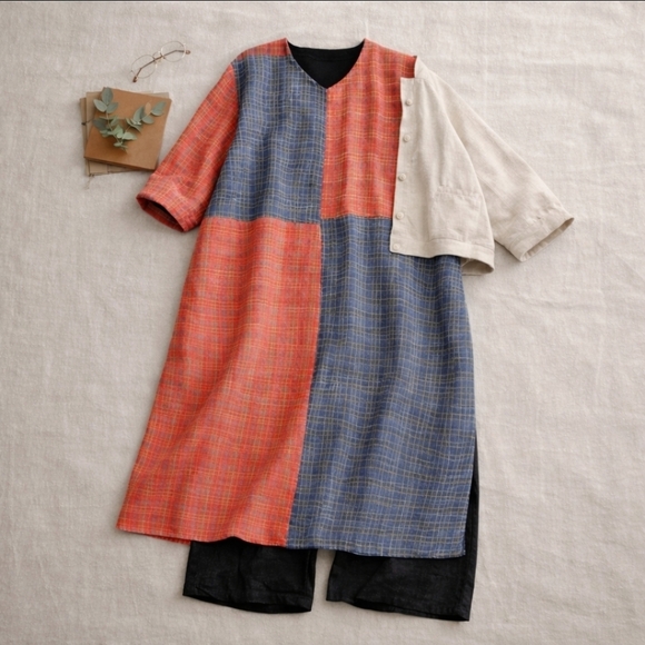Mordenmiss Dresses & Skirts - Mordenmiss Artisan Linen Patchwork Dress | Oversized Wabi-Sabi 26” P2P